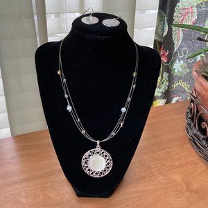 Silver & Mother of Pearl Look Medallion Necklace & Earrings